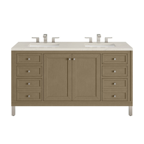 Chicago 60" Double Vanity, Walnut Whisper, w/ 3 CM Siberian Silestone Top