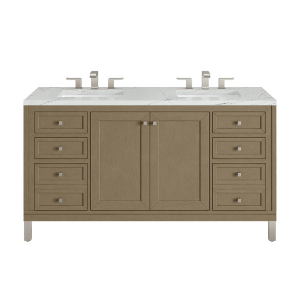 Chicago 60" Double Vanity, Walnut Whisper, w/ 3 CM Ethereal Noctis Silestone® Top w/FreePower Wireless Charger