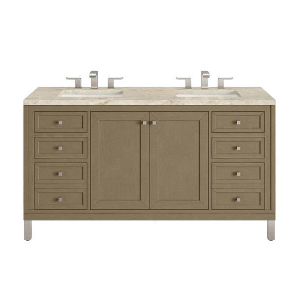 Chicago 60" Double Vanity, Walnut Whisper, w/ 3 CM Tajnar Eclos Top w/FreePower Wireless Charger