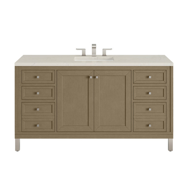 Chicago 60" Single Vanity, Walnut Whisper, w/ 3 CM Siberian Silestone Top w/FreePower Wireless Charger