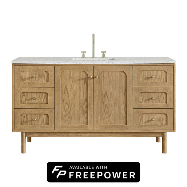 Laurent 60" Single Vanity, Light Natural Oak, w/ 3 CM Eternal Jasmine Pearl Silestone Top w/ FreePower Wireless Charger