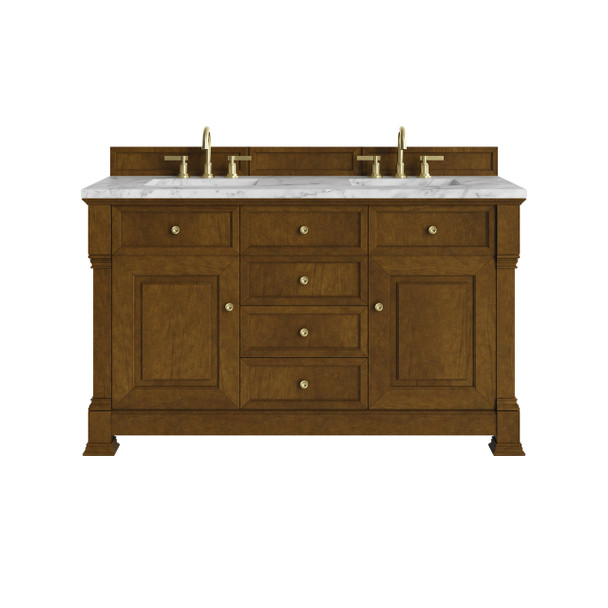 Brookfield 60" Double Vanity, Honey Oak w/3 CM Carrara White Marble Top