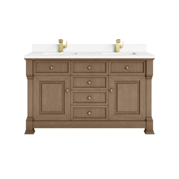 Brookfield 60" Double Vanity, Pecan w/ Single Hole 3CM White Zeus Silestone Top & Backsplash