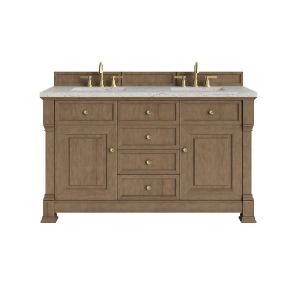 Brookfield 60" Double Vanity, Pecan w/3 CM Eternal Jasmine Pearl Silestone Top