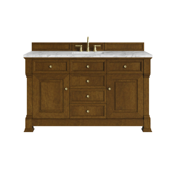 Brookfield 60" Single Vanity, Honey Oak w/3 CM Carrara White Marble Top