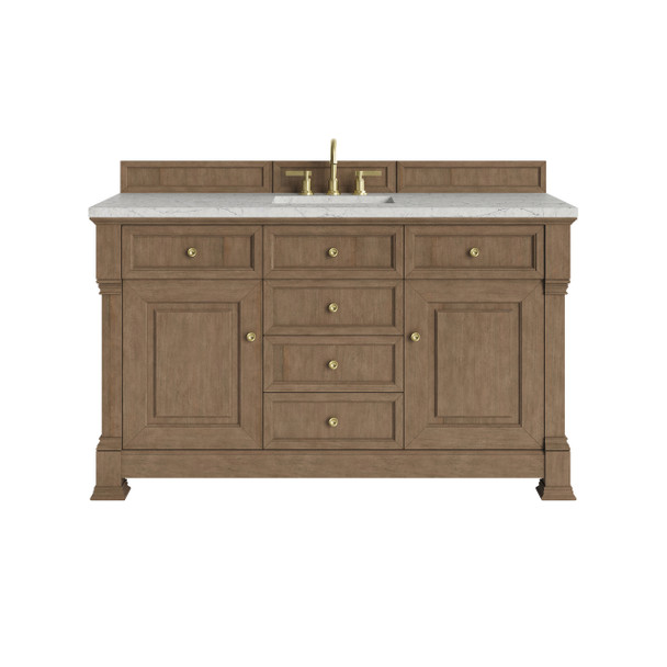Brookfield 60" Single Vanity, Pecan w/ 3 CM Eternal Jasmine Pearl Silestone Top w/ FreePower Wireless Charger