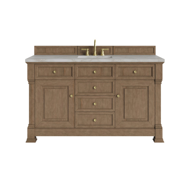 Brookfield 60" Single Vanity, Pecan w/ 3 CM Victorian Silver Silestone Top w/ FreePower Wireless Charger