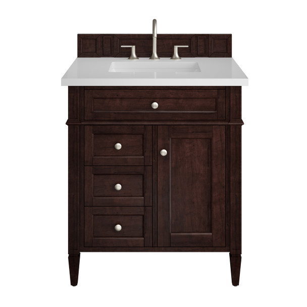 Brittany 30" Single Vanity, Burnished Mahogany, w/ 3 CM White Zeus Silestone Top