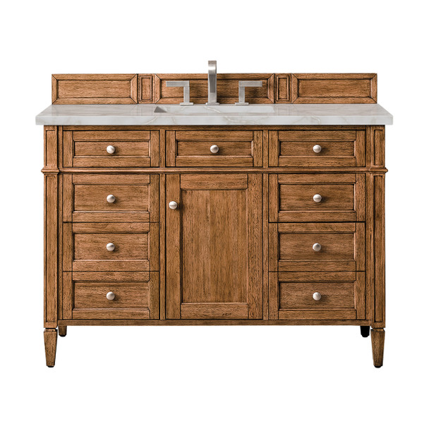 Brittany 48" Single Vanity, Saddle Brown w/ 3 CM Victorian Silver Silestone Top w/FreePower Wireless Charger