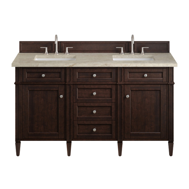 Brittany 60" Double Vanity, Burnished Mahogany, w/ 3 CM Tajnar Eclos Top w/FreePower Wireless Charger