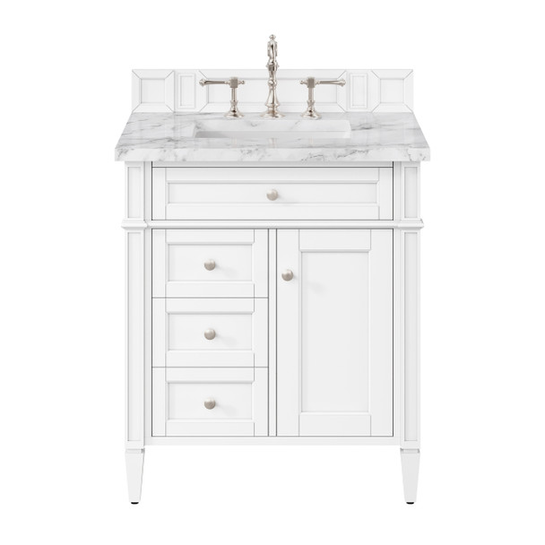 Brittany 30" Single Vanity, Bright White w/ 3 CM Carrara Marble Top