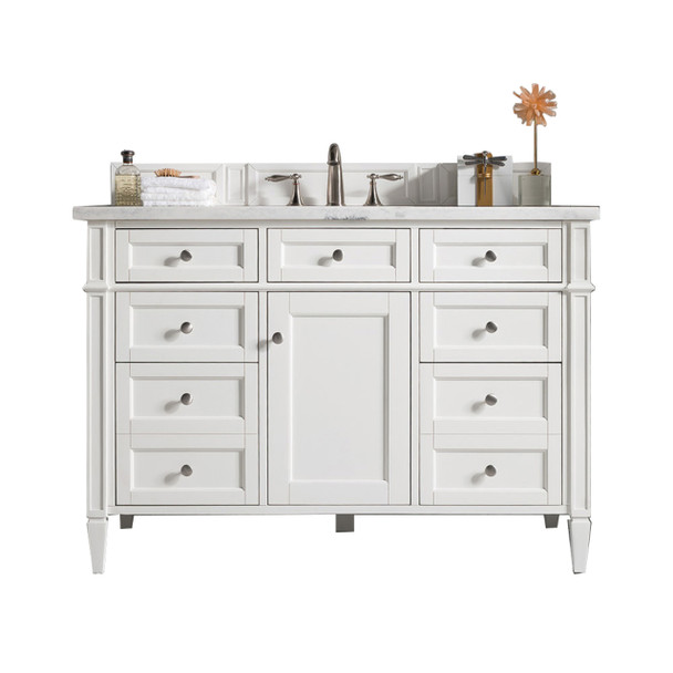 Brittany 48" Single Vanity, Bright White w/ 3 CM Eternal Jasmine Pearl Silestone Top w/FreePower Wireless Charger
