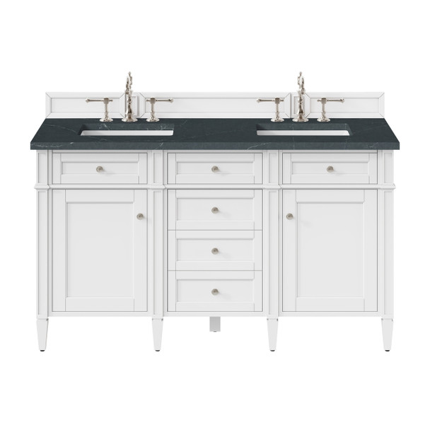 Brittany 60" Double Vanity, Bright White Vanity w/ 3 CM Charcoal Soapstone Silestone Top