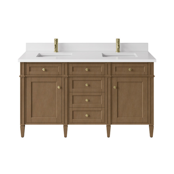 Brittany 60" Double Vanity, Pecan w/ Single Hole 3 CM White Zeus Silestone Top and Matching Backsplash
