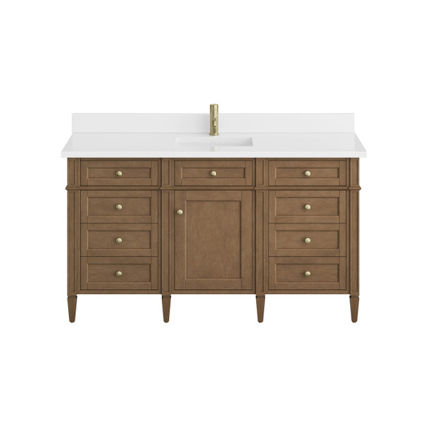 Brittany 60" Single Vanity, Pecan w/ Single Hole 3 CM White Zeus Silestone Top and Matching Backsplash