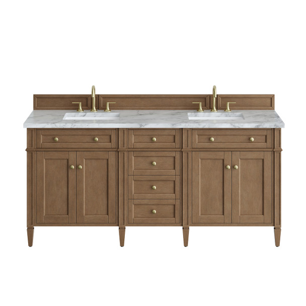Brittany 72" Double Vanity, Pecan w/ 3 CM Carrara Marble Top