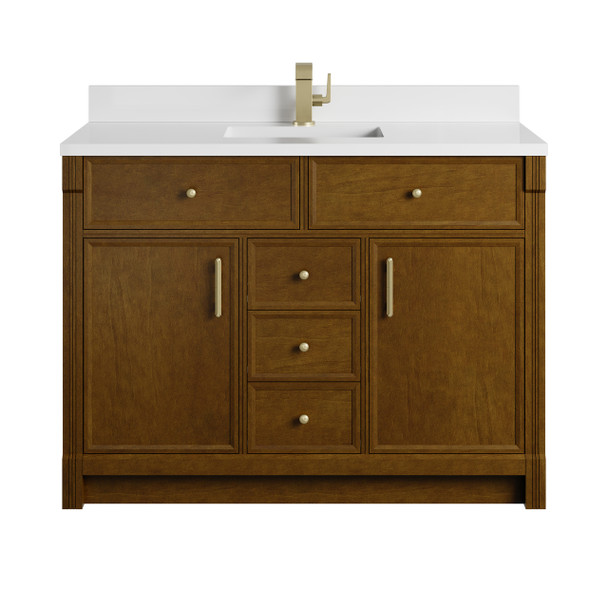 Bellshire 48" Single Vanity, Honey Oak w/ Single Hole 3 CM White Zeus Silestone Top and Matching Backsplash