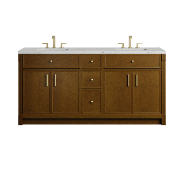 Bellshire 72" Double Vanity, Honey Oak w/ 3 CM Ethereal Noctis Silestone Top w/FreePower Wireless Charger