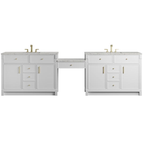Bellshire 120" Dual Vanity Set with 24" Make-Up Counter, Bright White w/3 cm Eternal Jasmine Pearl Silestone Top