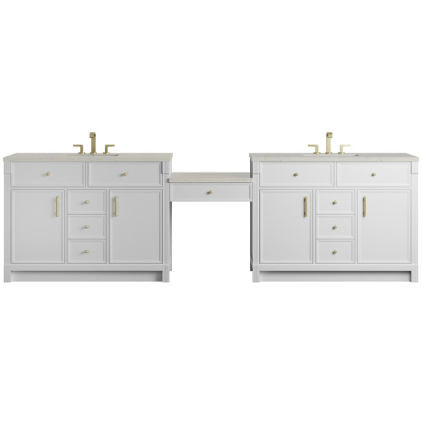 Bellshire 120" Dual Vanity Set with 24" Make-Up Counter, Bright White w/3 cm Siberian Silestone Top
