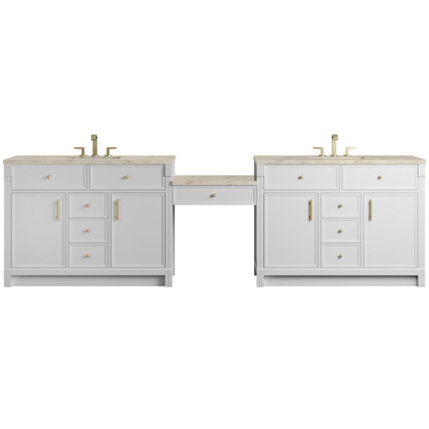 Bellshire 120" Dual Vanity Set with 24" Make-Up Counter, Bright White w/3 cm Tajnar Eclos Top