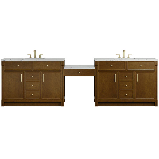 Bellshire 120" Dual Vanity Set with 24" Make-Up Counter, Honey Oak w/3 cm Ethereal Noctis Silestone Top w/FreePower Wireless Charger