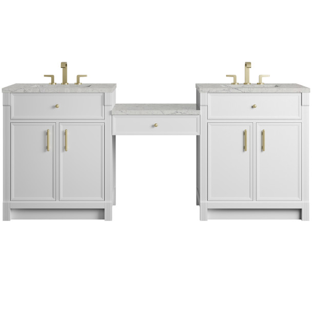 Bellshire 84" Dual Vanity Set with 24" Make-Up Counter, Bright White w/3 cm Eternal Jasmine Pearl Silestone Top