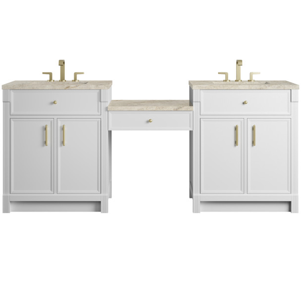 Bellshire 84" Dual Vanity Set with 24" Make-Up Counter, Bright White w/3 cm Tajnar Eclos Top