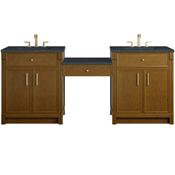 Bellshire 84" Dual Vanity Set with 24" Make-Up Counter, Honey Oak w/3 cm Charcoal Soapstone Silestone Top