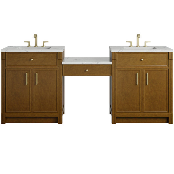 Bellshire 84" Dual Vanity Set with 24" Make-Up Counter, Honey Oak w/3 cm Ethereal Noctis Silestone Top