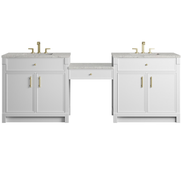 Bellshire 96" Dual Vanity Set with 24" Make-Up Counter, Bright White w/3 cm Eternal Jasmine Pearl Silestone Top
