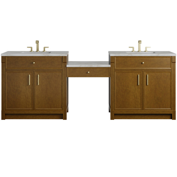 Bellshire 96" Dual Vanity Set with 24" Make-Up Counter, Honey Oak w/3 cm Victorian Silver Silestone Top