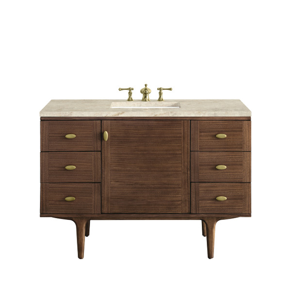 Amberly 48" Single Vanity, Mid-Century Walnut, w/ 3 CM Tajnar Eclos Top w/FreePower Wireless Charger