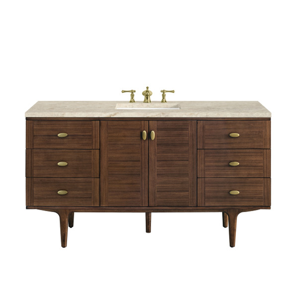 Amberly 60" Single Vanity, Mid-Century Walnut, w/ 3 CM Tajnar Eclos Top w/FreePower Wireless Charger