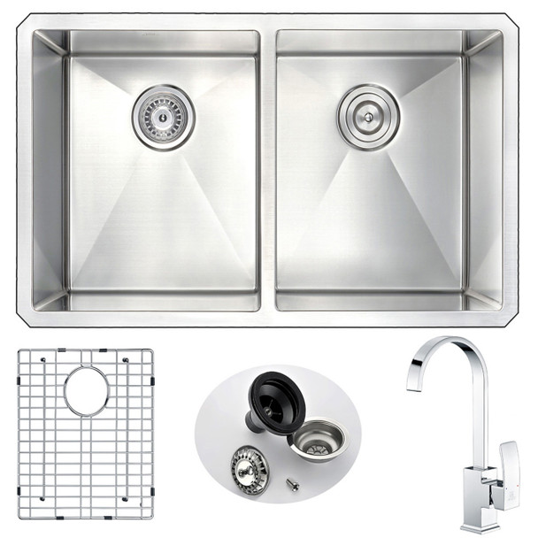 ANZZI Vanguard Undermount 32 In. Double Bowl Kitchen Sink With Opus Faucet In Polished Chrome - K32192A-035