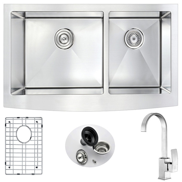 ANZZI Elysian Farmhouse 36 In. Double Bowl Kitchen Sink With Opus Faucet In Brushed Nickel - K36203A-035B