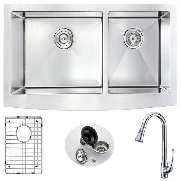 ANZZI Elysian Farmhouse 36 In. Double Bowl Kitchen Sink With Singer Faucet In Polished Chrome - K36203A-041