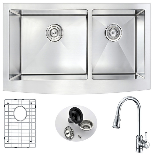 ANZZI Elysian Farmhouse 36 In. Double Bowl Kitchen Sink With Sails Faucet In Polished Chrome - K36203A-044