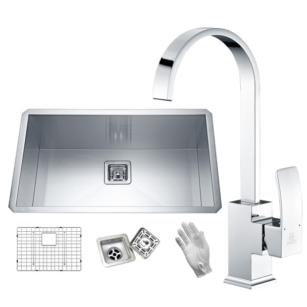 ANZZI Vanguard Undermount 32 In. Single Bowl Kitchen Sink With Faucet In Polished Chrome - KAZ32191AS-035