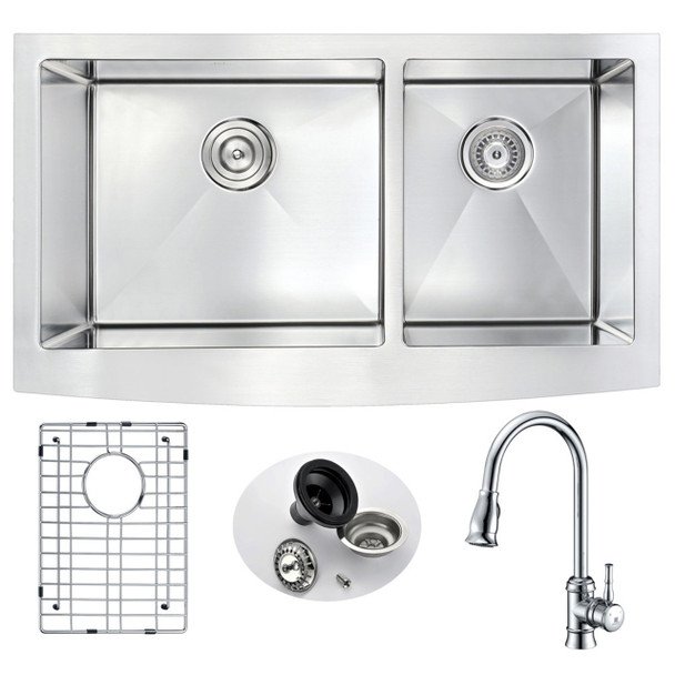 ANZZI Elysian Farmhouse 33 In. Double Bowl Kitchen Sink With Sails Faucet In Polished Chrome - KAZ3320-044