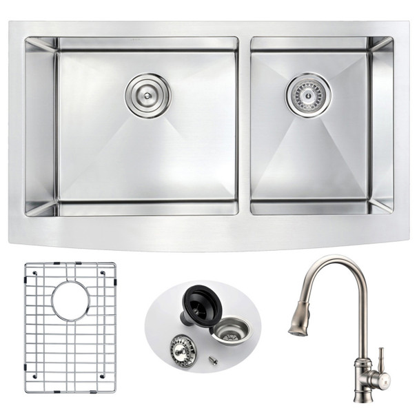 ANZZI Elysian Farmhouse 33 In. Double Bowl Kitchen Sink With Sails Faucet In Brushed Nickel - KAZ3320-130
