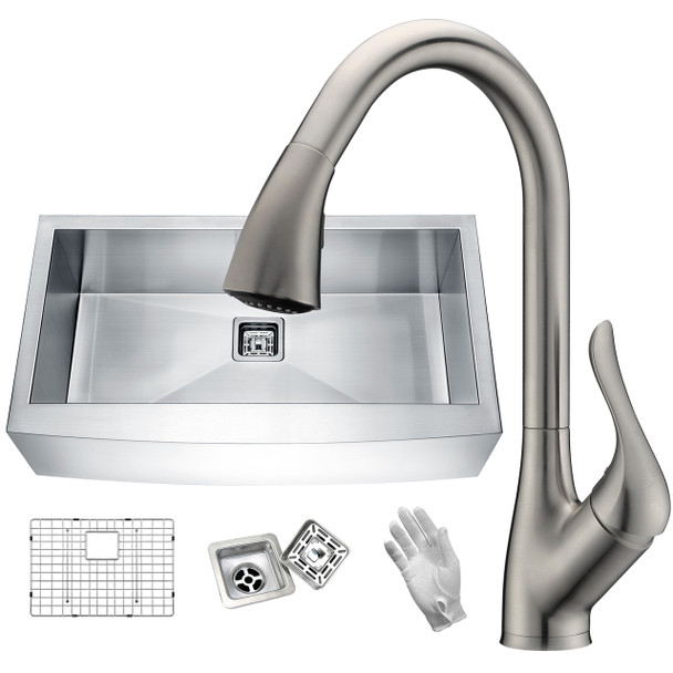 ANZZI Elysian Farmhouse 32 In. Single Bowl Kitchen Sink With Faucet In Brushed Nickel - KAZ33201AS-031B