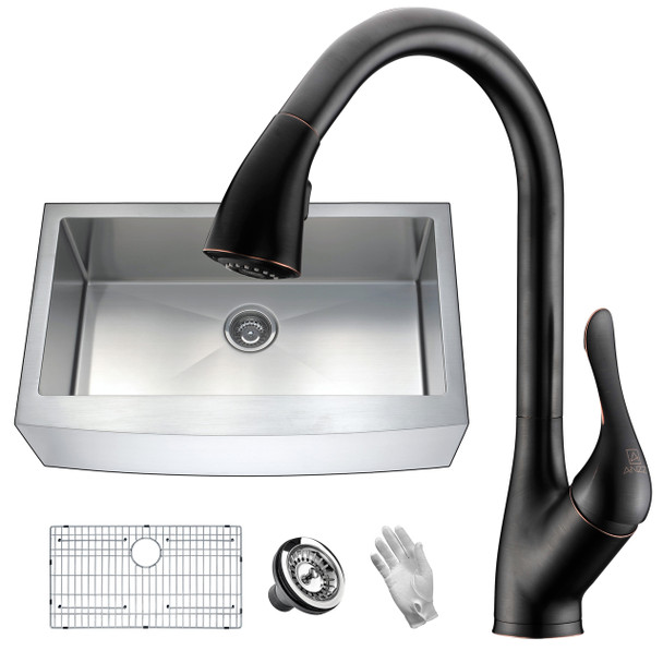 ANZZI Elysian Farmhouse 36 In. Single Bowl Kitchen Sink With Faucet In Oil Rubbed Bronze - KAZ36201A-031O