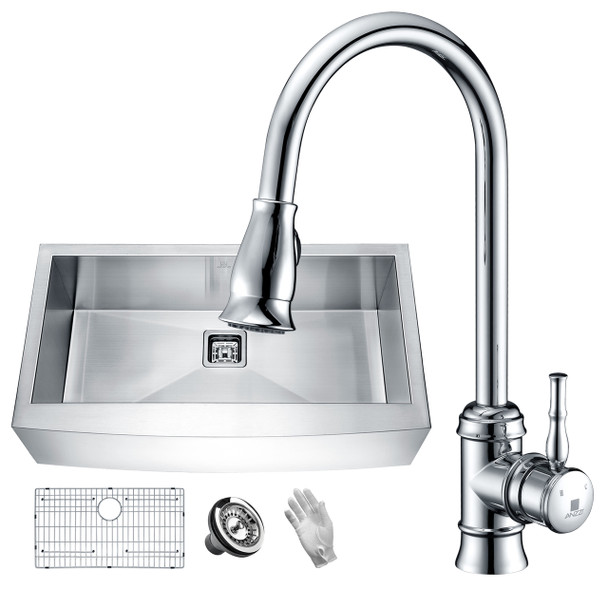 ANZZI Elysian Farmhouse 36 In. Single Bowl Kitchen Sink With Faucet In Polished Chrome - KAZ36201AS-044