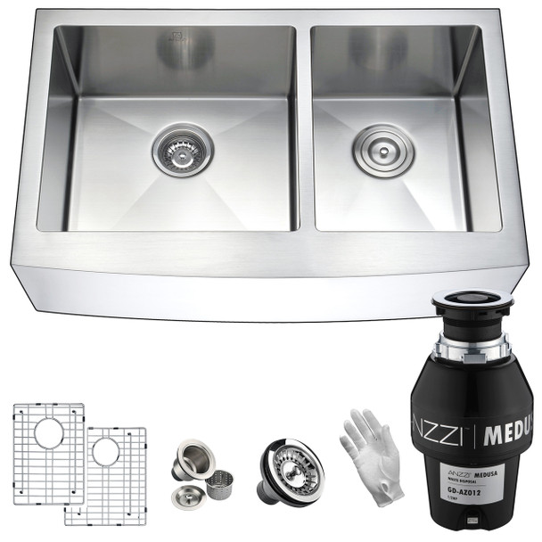 ANZZI Elysian Farmhouse 36 In. 60/40 Double Bowl Kitchen Sink With Medusa 1/2hp Garbage Disposal - KAZ36203A-GD12