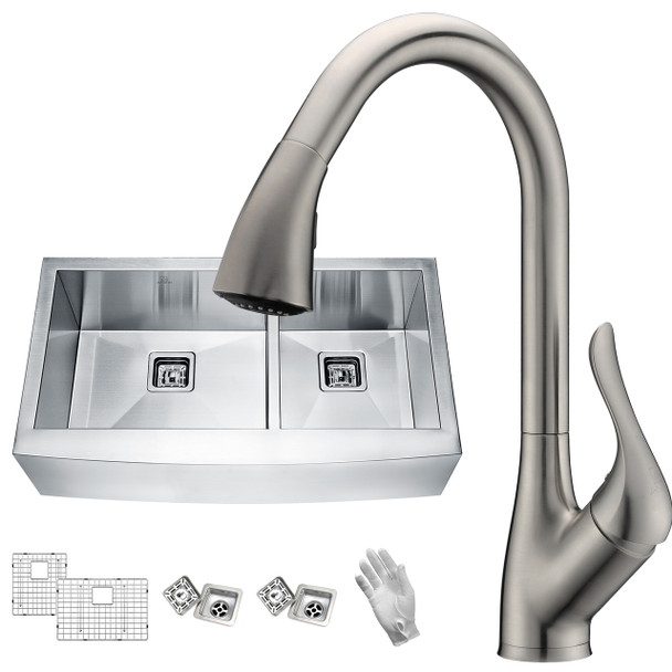 ANZZI Elysian Farmhouse 36 In. 60/40 Double Bowl Kitchen Sink With Faucet In Brushed Nickel - KAZ36203AS-031B