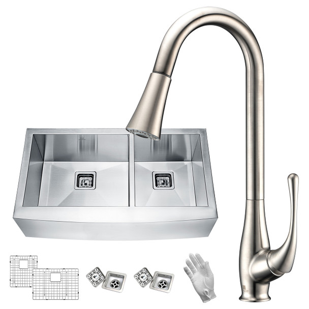 ANZZI Elysian Farmhouse 36 In. 60/40 Double Bowl Kitchen Sink With Faucet In Brushed Nickel - KAZ36203AS-042