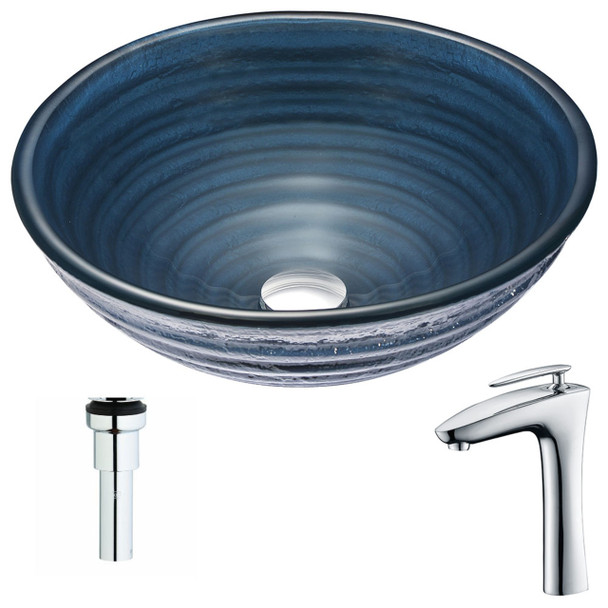 ANZZI Tempo Series Deco-glass Vessel Sink In Coiled Blue With Crown Faucet In Polished Chrome - LSAZ042-022