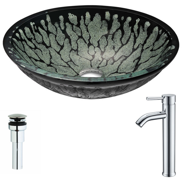 ANZZI Bravo Series Deco-glass Vessel Sink In Lustrous Black With Fann Faucet In Polished Chrome - LSAZ043-041