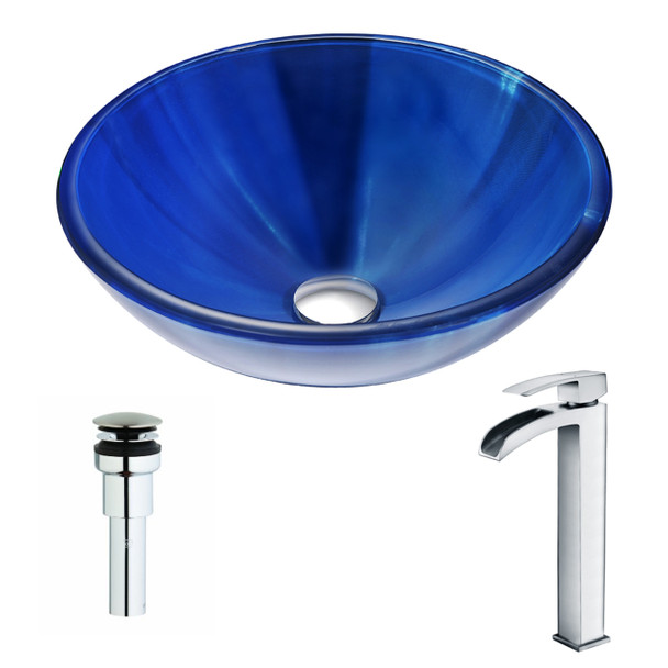 ANZZI Meno Series Deco-glass Vessel Sink In Lustrous Blue With Key Faucet In Polished Chrome - LSAZ051-097